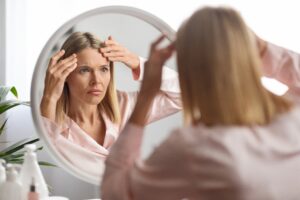 A woman looking in the mirror considering brow lift surgery